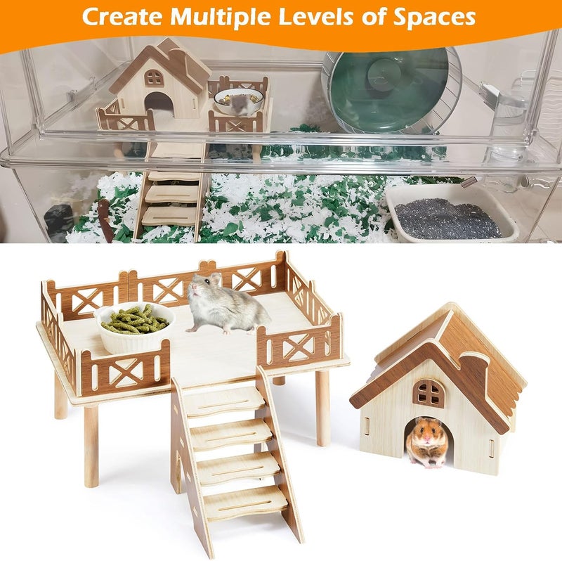 Jevnd Wooden Hamster Platform and Dwarf Hamster House, Hamster Cage Platform With Climbing Ladder, Cute Syrian Hamster Hideout, Hamster Cage Accessories Platform for Putting Food Bowl, Hamster Gerbil Castle - Image 4